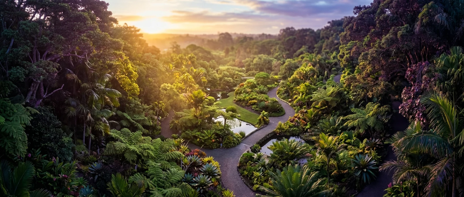 Lush green botanical garden with morning light